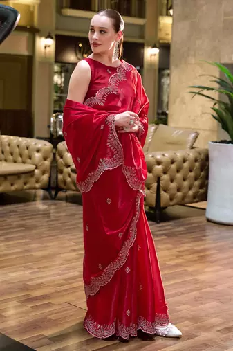 Red butti embroidery work shimmer chiffon bollywood saree