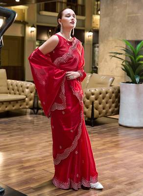 Red butti embroidery work shimmer chiffon bollywood saree 5
