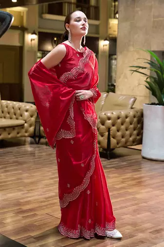 Red butti embroidery work shimmer chiffon bollywood saree