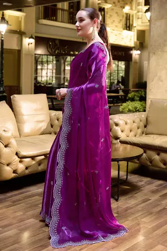 Purple butti embroidery work shimmer chiffon bollywood saree