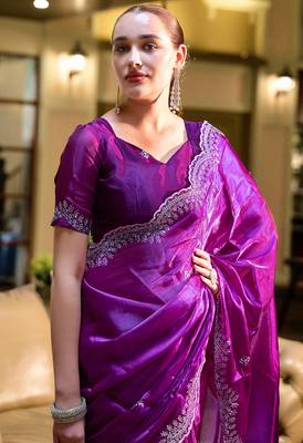 Purple butti embroidery work shimmer chiffon bollywood saree 5