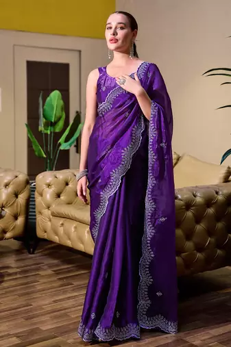 Violet butti embroidery work shimmer chiffon bollywood saree