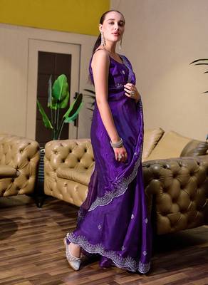 Violet butti embroidery work shimmer chiffon bollywood saree 2
