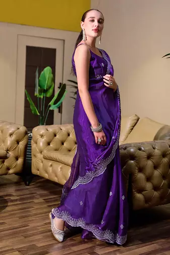 Violet butti embroidery work shimmer chiffon bollywood saree