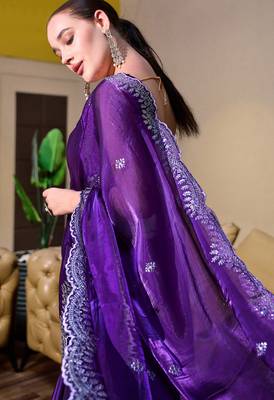 Violet butti embroidery work shimmer chiffon bollywood saree 3