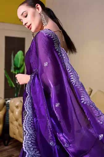 Violet butti embroidery work shimmer chiffon bollywood saree
