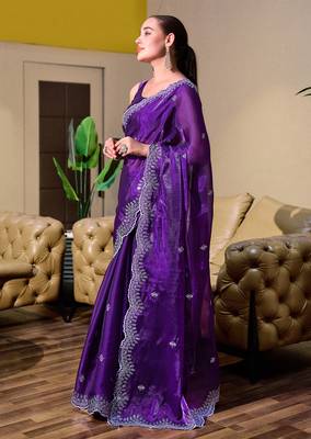 Violet butti embroidery work shimmer chiffon bollywood saree 4