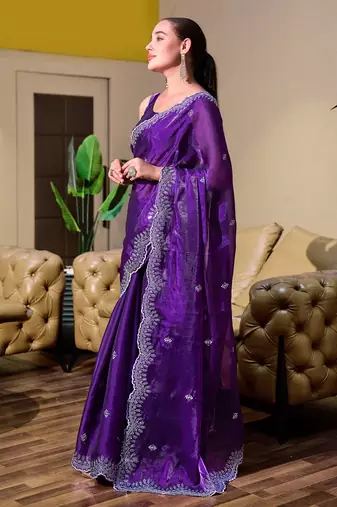 Violet butti embroidery work shimmer chiffon bollywood saree