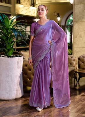 Lavender butti embroidery work shimmer chiffon bollywood saree 1