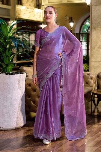 Lavender butti embroidery work shimmer chiffon bollywood saree