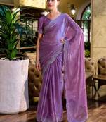 Lavender butti embroidery work shimmer chiffon bollywood saree