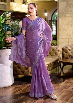 Lavender butti embroidery work shimmer chiffon bollywood saree 4