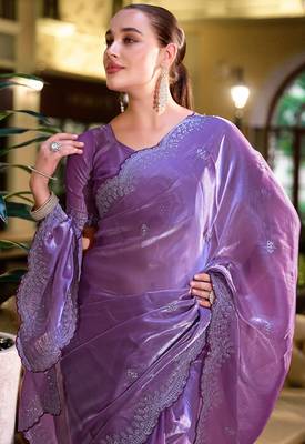 Lavender butti embroidery work shimmer chiffon bollywood saree 5