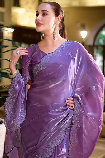 Lavender butti embroidery work shimmer chiffon bollywood saree