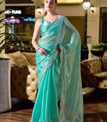 Ocean green butti embroidery work shimmer chiffon bollywood saree