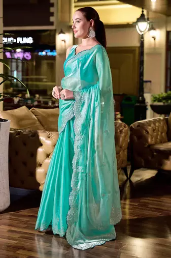 Ocean green butti embroidery work shimmer chiffon bollywood saree