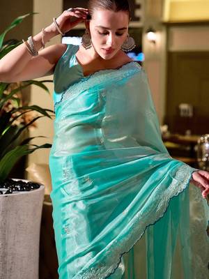 Ocean green butti embroidery work shimmer chiffon bollywood saree 5
