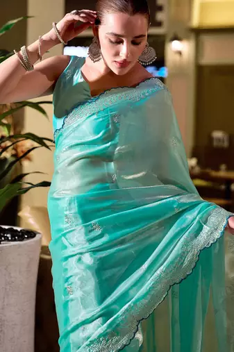 Ocean green butti embroidery work shimmer chiffon bollywood saree