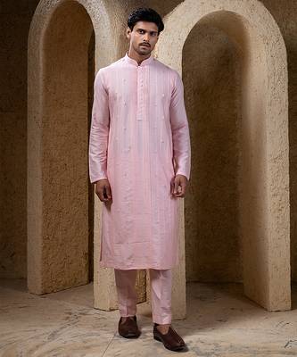 Pink plain cotton silk kurta pajama 1