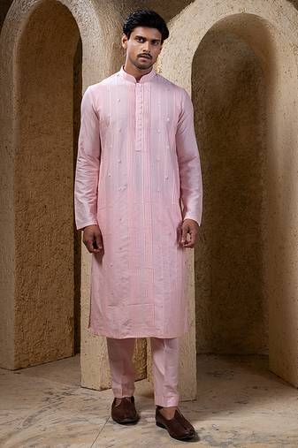 Pink plain cotton silk kurta pajama