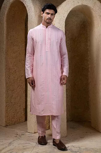 Pink plain cotton silk kurta pajama