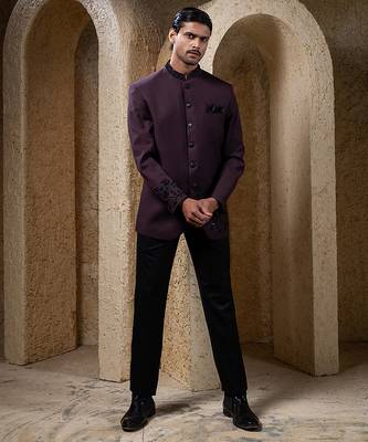 Wine plain cotton bandhgala suit 1