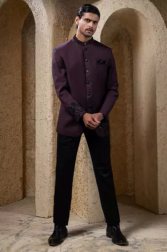 Wine plain cotton bandhgala suit
