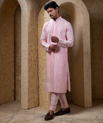 Pink plain cotton silk kurta pajama 3