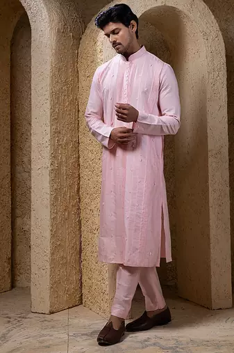 Pink plain cotton silk kurta pajama