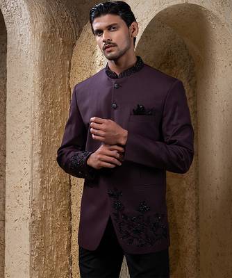 Wine plain cotton bandhgala suit 2