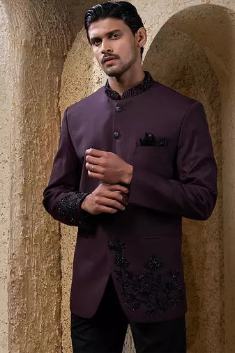 Wine plain cotton bandhgala suit