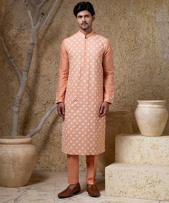 Orange embroidered cotton silk kurta pajama 1