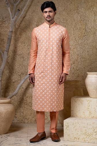 Orange embroidered cotton silk kurta pajama