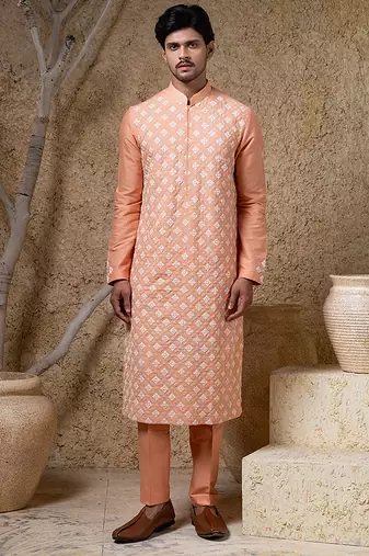 Orange embroidered cotton silk kurta pajama