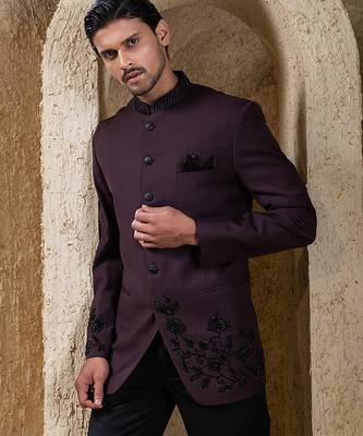 Wine plain cotton bandhgala suit 3