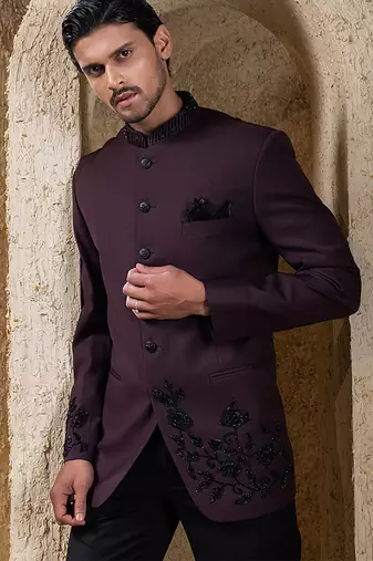 Wine plain cotton bandhgala suit