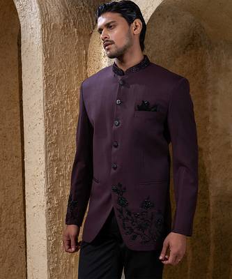 Wine plain cotton bandhgala suit 4
