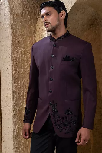 Wine plain cotton bandhgala suit