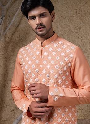 Orange embroidered cotton silk kurta pajama 2