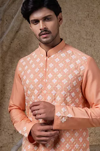 Orange embroidered cotton silk kurta pajama