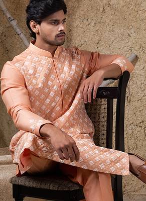Orange embroidered cotton silk kurta pajama 3