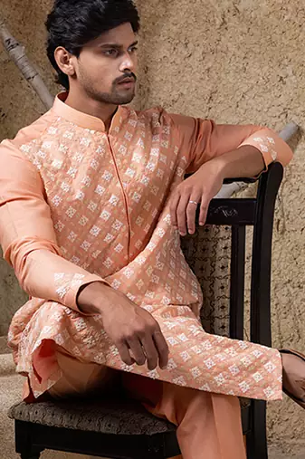 Orange embroidered cotton silk kurta pajama