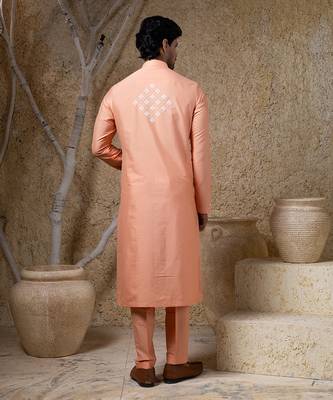 Orange embroidered cotton silk kurta pajama 4