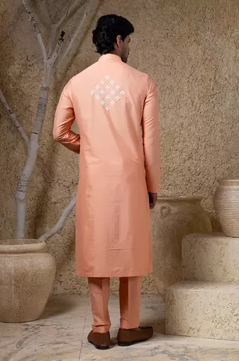 Orange embroidered cotton silk kurta pajama