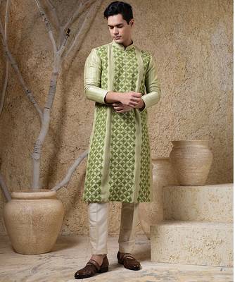 Green embroidered viscose kurta pajama 1