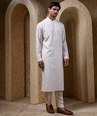 White plain cotton silk kurta pajama 1