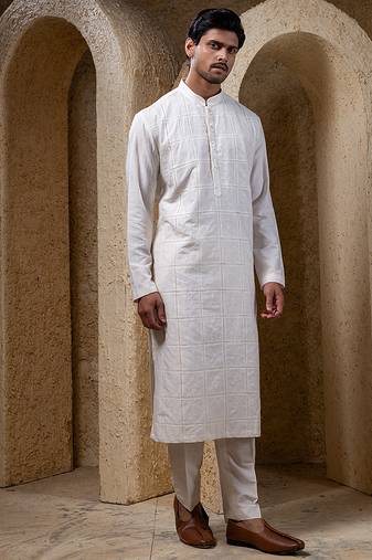 White plain cotton silk kurta pajama