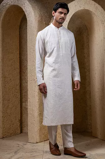 White plain cotton silk kurta pajama