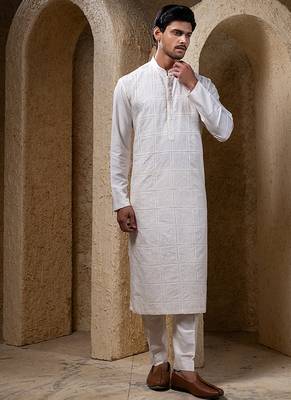 White plain cotton silk kurta pajama 2