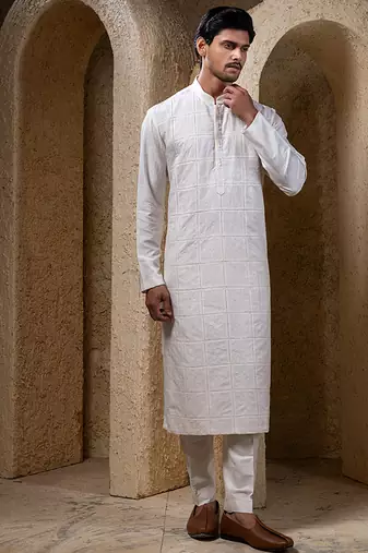 White plain cotton silk kurta pajama